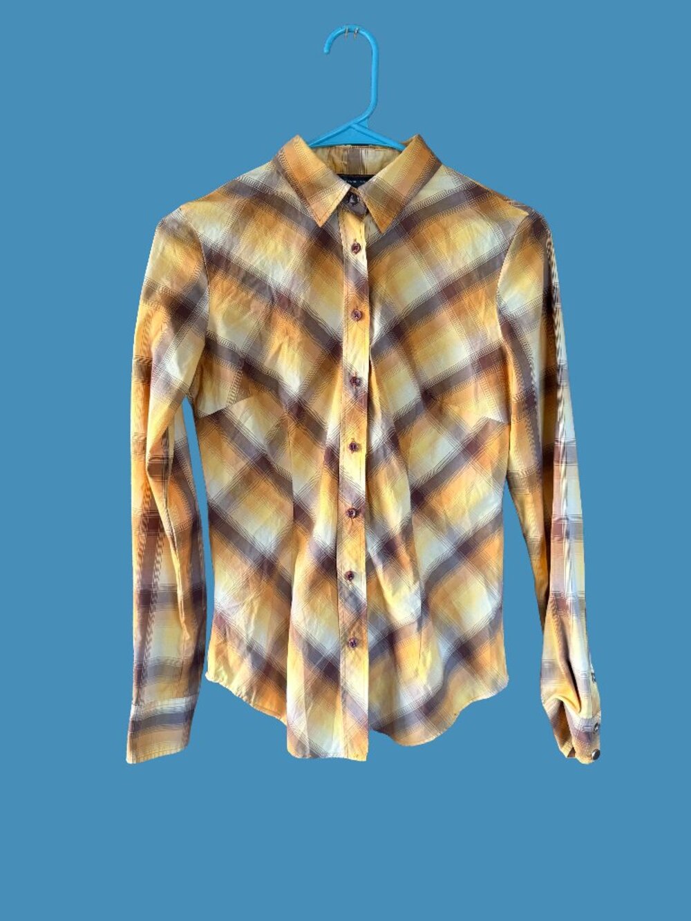 New York & Company XS Butterscotch Plaid Western Shirt Y2K Fitted Button Down
